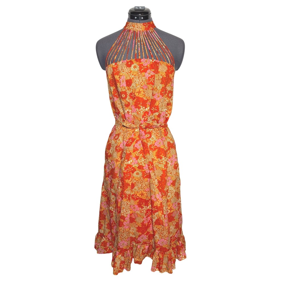 Vtg 60s 70s Floral psychedelic mod Cage Halter Dress Boho 35-36-48 S/M
